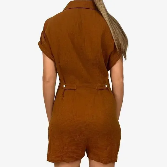 L*SPACE Mika Romper Size S Brown Gauze Cotton Button Front Pockets Revolve - Picture 2 of 4